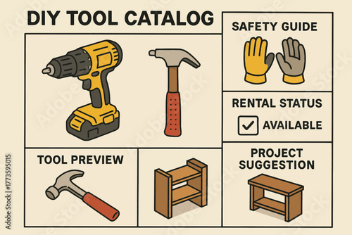 Diy tool catalog design with drill, hammer, gloves, and project suggestions