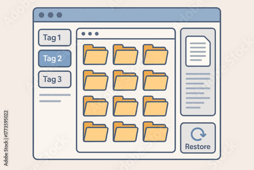 Digital file organizer interface with folder icons and restore option
