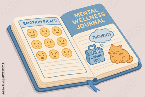 Open mental wellness journal with emotion picker and coping tools illustration