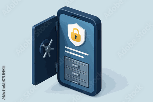Isometric smartphone safe with lock and shield icon for digital security concept