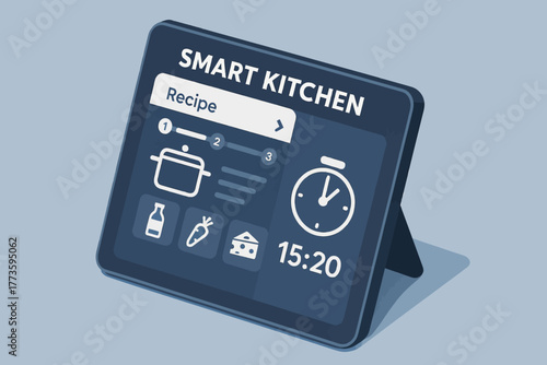 Digital smart kitchen display screen with recipe timer and icons
