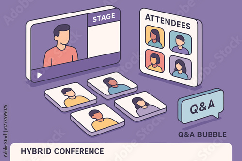 Hybrid conference illustration with virtual stage and q&a interaction
