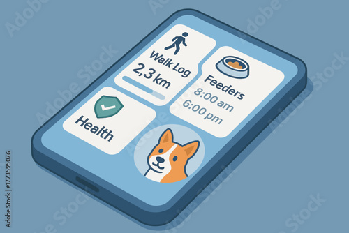 Dog activity tracker app interface with walk log and scheduled feeders on mobile device
