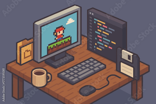 Pixel art desk: retro computer with coding monitor and floppy disk