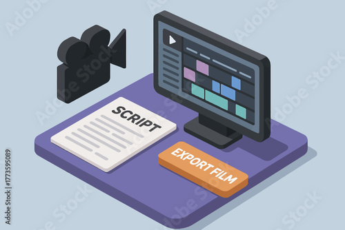 Digital film editing concept with script and export film button illustration