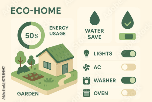 Eco-friendly home dashboard: energy usage and water saving features illustrated