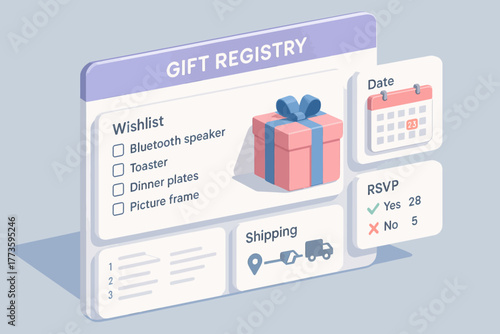 Animated gift registry interface with wishlist and rsvp feature