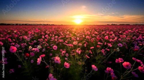 Vibrant sunset over a blooming flower field with pink blossoms