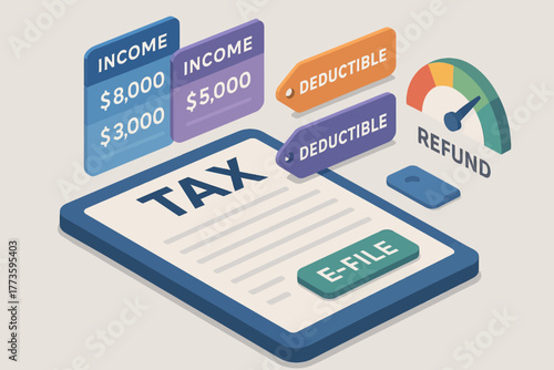 Tax filing concept with income brackets deductible tags and refund indicator