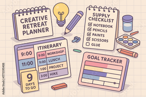 Creative retreat planner with itinerary, supply checklist, and goal tracker