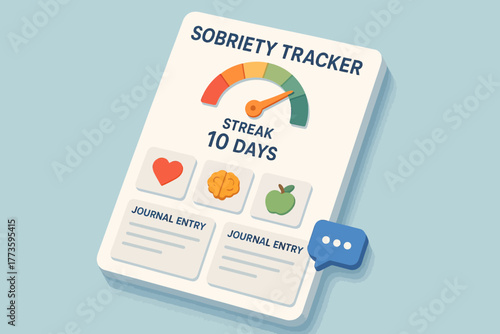 Sobriety tracker dashboard with ten-day streak and journal entries