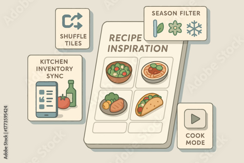 Innovative recipe inspiration interface with season filters and kitchen sync options