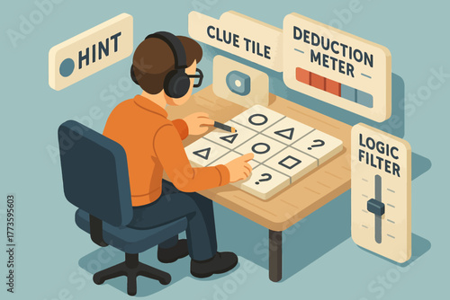 Young caucasian male solving logic puzzle at desk with headphones