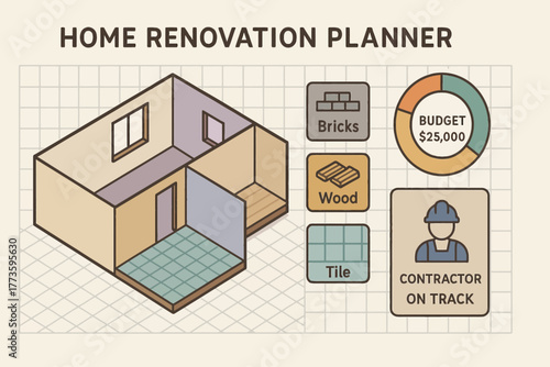 Home renovation planner graphic with budget and room layout