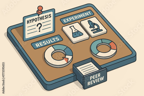 Scientific method process: hypothesis, experiment, results, peer review illustrated