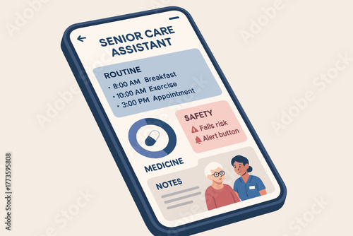Senior care assistant app interface with schedule and safety features