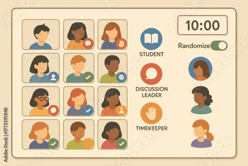 Classroom role assignment with diverse student portraits and timer display