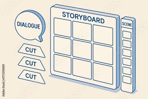 Storyboard design with dialogue and scene elements in blue outline