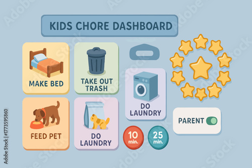 Kids chore dashboard with tasks and rewards for organization