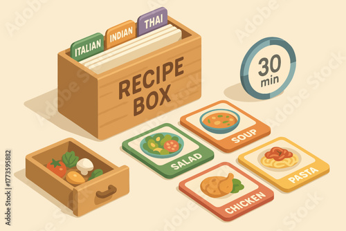 Recipe box with italian, indian, and thai cuisine cards for quick 30-minute meals