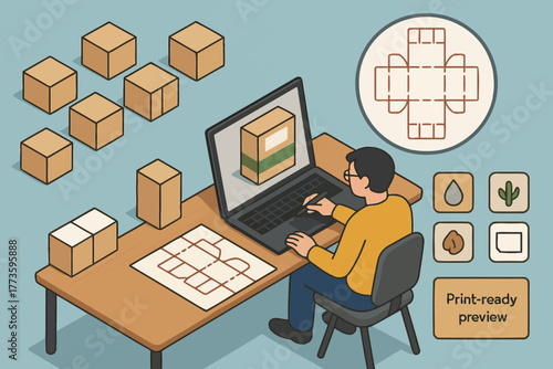 Asian adult male designing packaging boxes with computer for print-ready preview