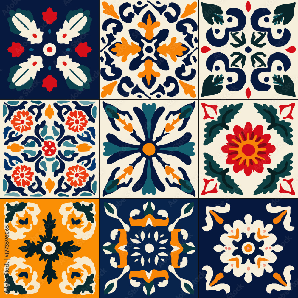 Fototapeta premium Hand Drawn Mediterranean Ceramic Tile Pattern, Seamless Amalfi Majolica Floral Vector Background