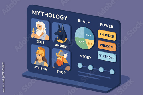 Mythology dashboard featuring zeus, anubis, athena, and thor with realms and powers