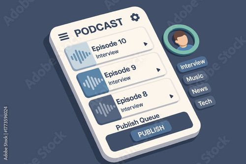 Podcast app interface featuring episode list and publish button on digital dashboard