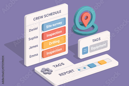 3d isometric crew schedule with task tags and location icon on purple background