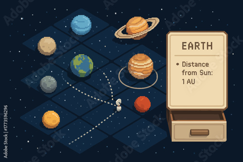 Retro pixel art solar system with planets and astronaut learning display