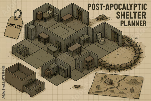 Post-apocalyptic shelter planner with supplies and map illustration