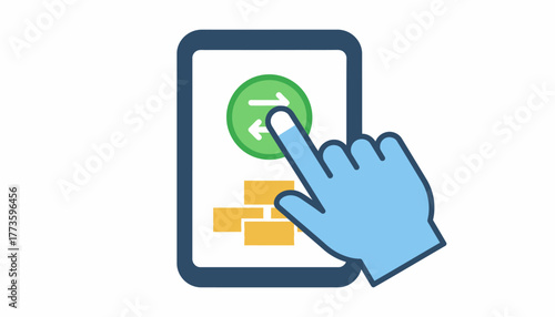 A closeup of a finger tapping a transfer funds button within a mobile banking app representing quick money transfers.