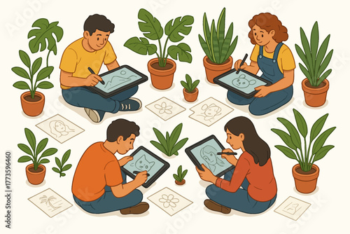 Young adults engaged in digital art creation on tablets among plants