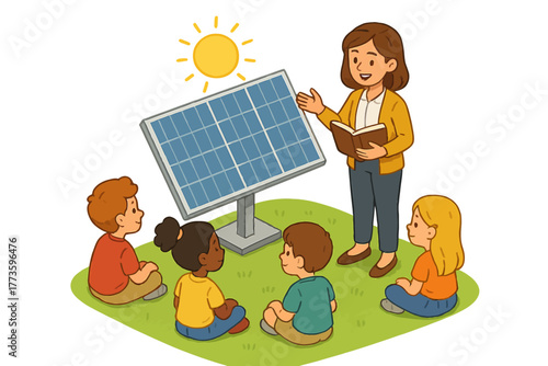 Female teacher educating diverse young children on solar energy outdoors