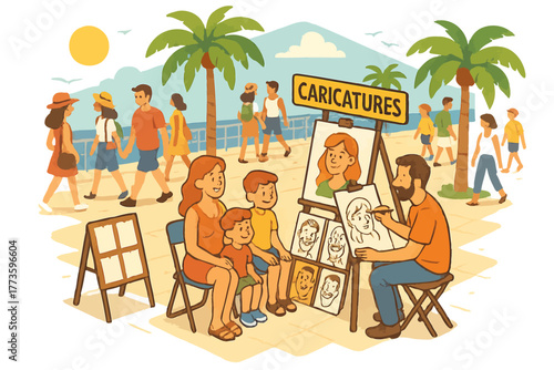 Street caricature artist drawing family near beach with palm trees
