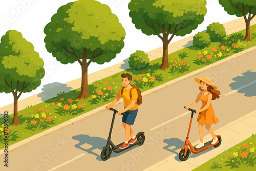 Illustration of young caucasian couple riding electric scooters in a park