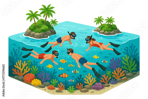 Young caucasian snorkelers exploring vibrant coral reef with tropical fish