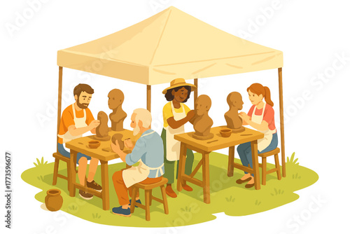 Diverse adults in outdoor pottery workshop engaging with clay sculptures