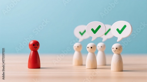 A red figurine stands alone, while a group of white figures behind it are each accompanied by green checkmark iconssymbolizing approval or selection, contrasting with the solitary figure who is unmark