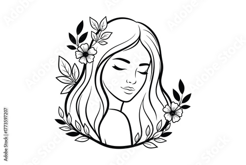 Serene woman with flowing hair surrounded by delicate floral elements, embodying natural beauty and tranquility.