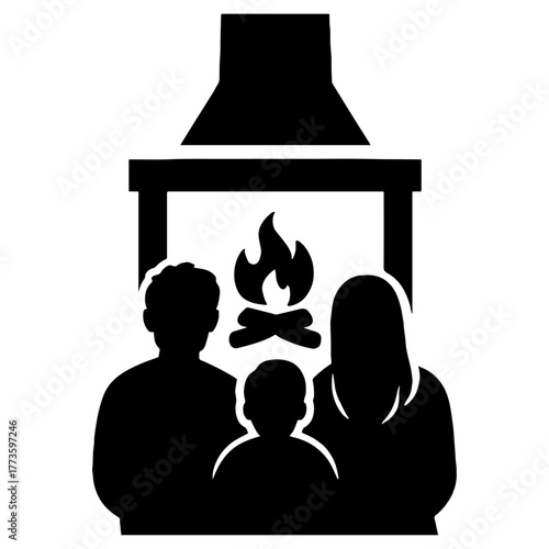 Family near fireplace – warmth of togetherness silhouette  vector with transparent background 