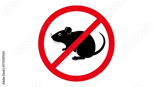 Black rat silhouette inside red circle with diagonal slash, symbolizing prohibition of rodents.