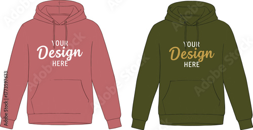 Hoodie sweatshirt front view CAD flat sketch, vector fashion illustration for streetwear template, unisex apparel design, custom print mockup