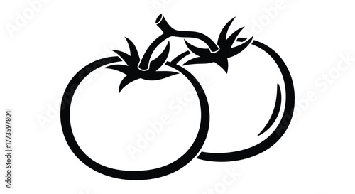 Simple black and white illustration of two ripe tomatoes on a vine, symbolizing fresh produce.