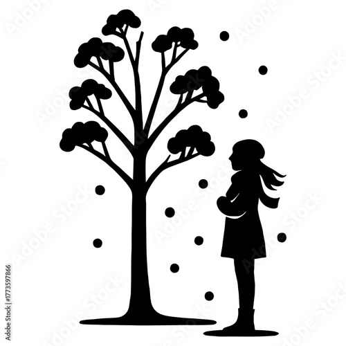 Girl standing near frozen tree – beauty in stillness concept vector with transparent background 