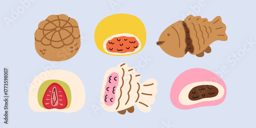 Vector set with traditional Asian sweets set in cartoon doodle style. Japanese traditional desserts, mochi, taiyaki. Food illustration in groovy flat style