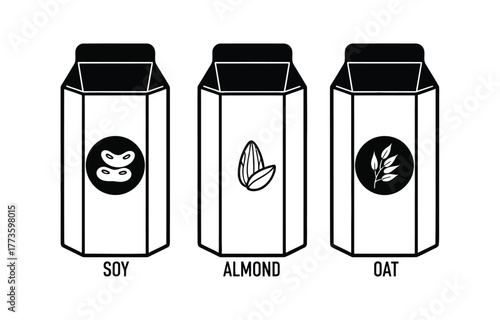 Three cartons of plant-based milk alternatives: soy, almond, and oat, with their respective symbols.
