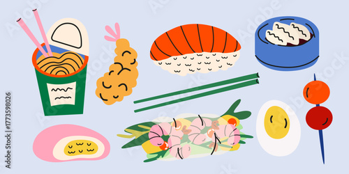 Asian cuisine cartoon stickers set in retro doodle style. Asian street food elements, traditional dishes, noodles, sushi, spring roll, shrimp tempura, mochi, seafood. Vector food illustrations