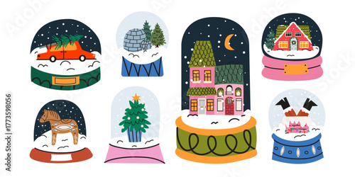 Festive Christmas snow globe set with houses, Christmas tree, Santa Claus in cartoon style. Glass crystal baubles. Winter holiday decorations. Flat isolated vector illustration on white background