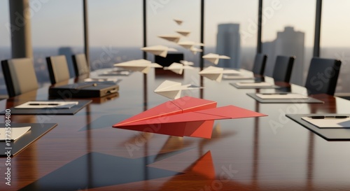 Confident Creative Leader Brainstorming Revolutionary Business Idea in Modern Conference Room, Featuring Striking Red Paper Aircraft Symbolizing Teamwork and Success Perfect for Corporate.